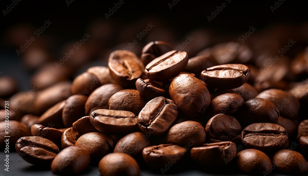 brown roasted coffee beans closeup on dark background
