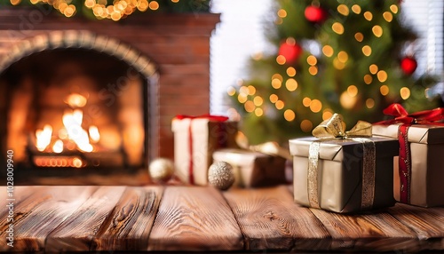 christmas background wooden background closeup with blurred christmas tree and gifts against the backdrop of the fireplace and holiday lights