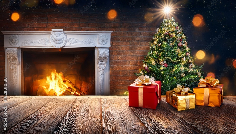 christmas tree with decorations near fireplace with fire holiday background with gifts on wooden background with glitter effects christmas tree with decorations near fireplace with fire holiday background with gifts on wooden background with glitter effects