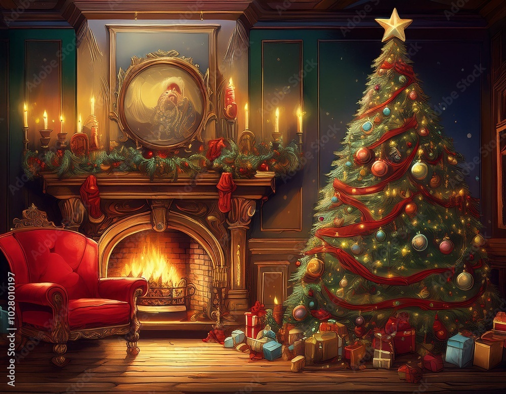 christmas tree with toys and gifts on the background of a fireplace with fire magical room with the throne of santa claus christmas tree with toys and gifts on the background of a fireplace with fire magical room with the throne of santa claus