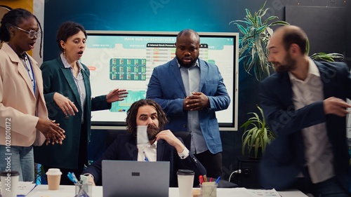 Foto Sick and tired employee throwing the badge in front of the manager, exhausted working under pressure for his mad supervisor