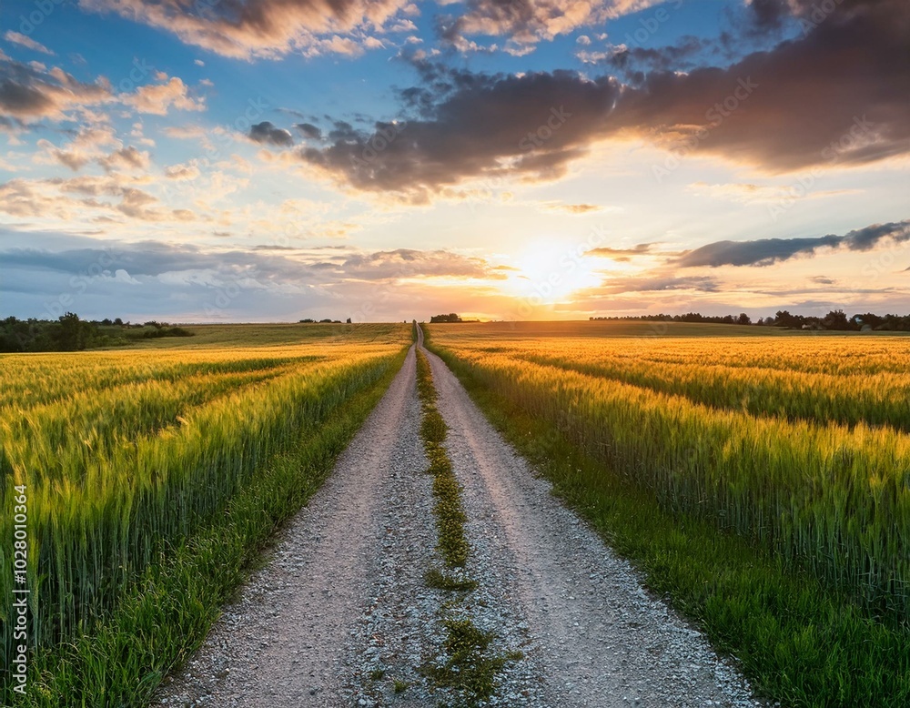 country gravel road and green wheat field with sky clouds at sunset country gravel road and green wheat field with sky clouds at sunset