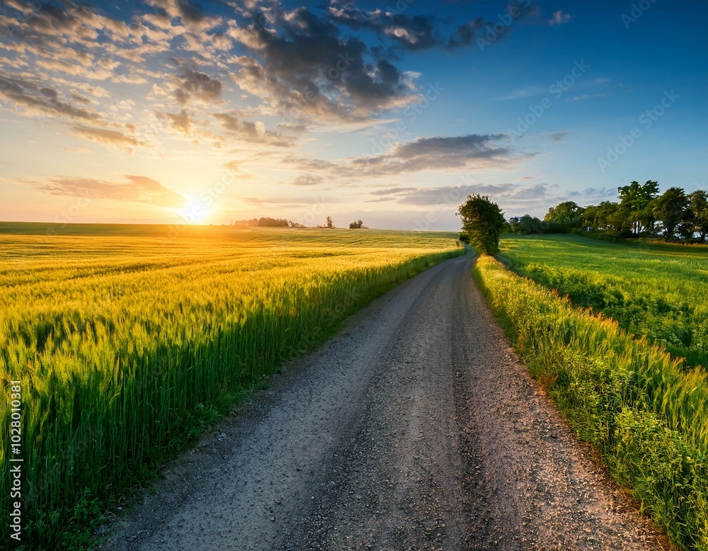 country road and green wheat fields natural scenery at sunrise country road and green wheat fields natural scenery at sunrise