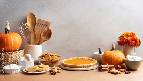 concept homemade fall baking with pumpkin food ingredients spices and kitchen utencil cooking pumpkin pie and cookies for thanksgiving day photo