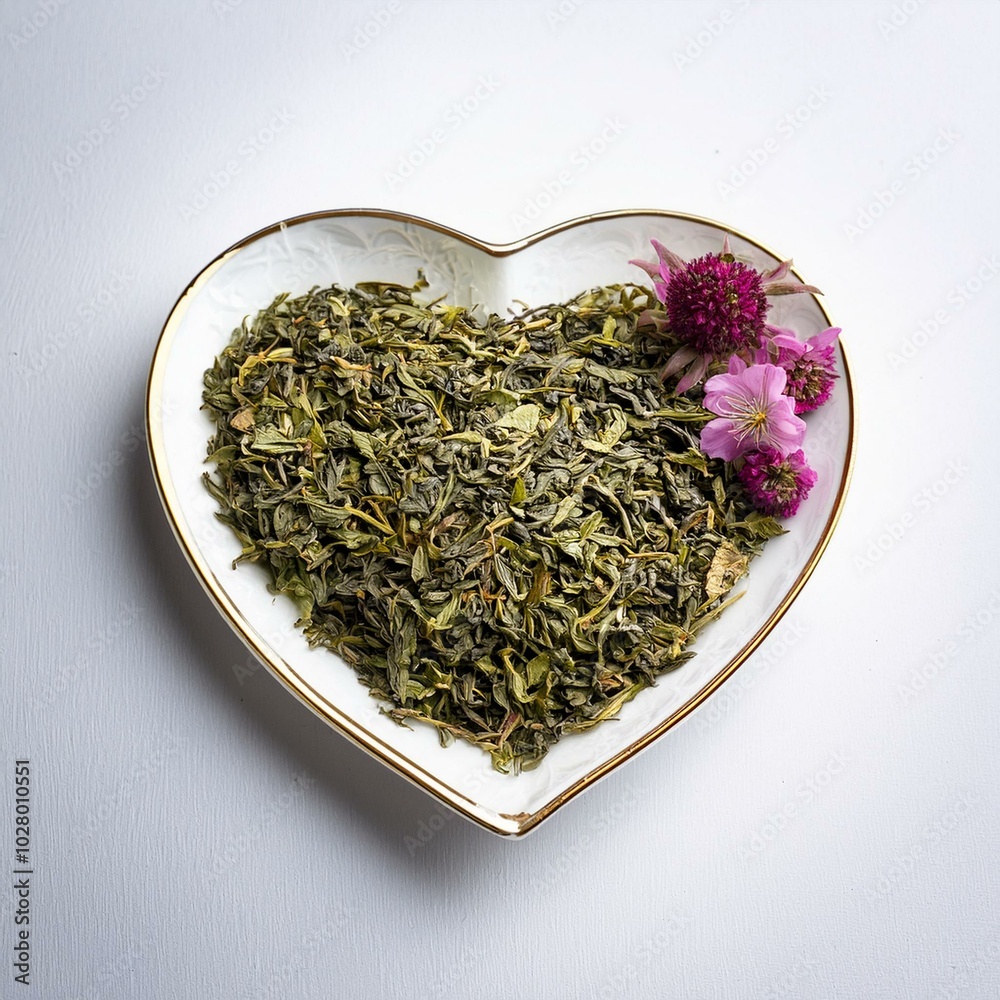 Fototapeta premium dry green tea herbs with flowers and vintage porcelain heart shaped plate on white background