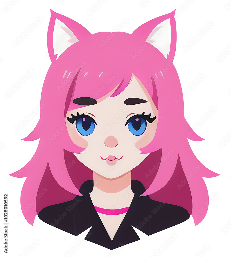 Pink-Haired Anime Girl with Cat Ears - Cute Character Portrait Sticker