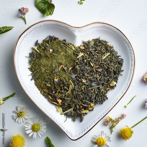 dry green tea herbs with flowers and vintage porcelain heart shaped plate on white background