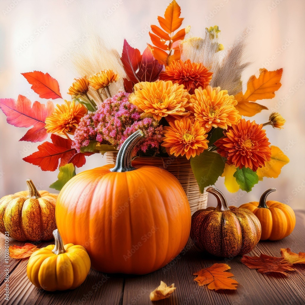 festive autumn decor from pumpkins flowers and fall leaves concept of thanksgiving day or halloween