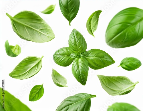 fresh green organic basil leaves flying isolated on white background with clipping path food levitation concept pattern ingredient spice for cooking creative layout with basil