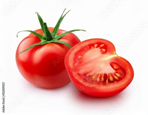 fresh ripe cut out tomatoes collection of red tomatoes isolated on white background with clipping path whole vegetables and chopped halves healthy vegan organic food mockup object for design