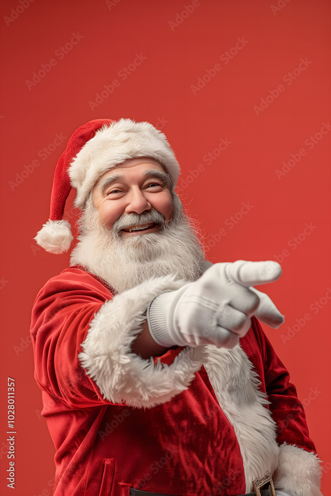 Naklejka premium Santa claus pointing finger on empty space. Christmas advertising. Red background. High quality photo