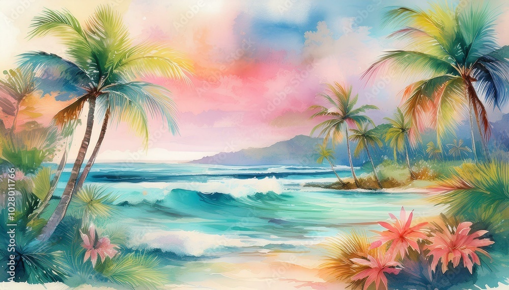 lush tropical plants and graceful palm trees ocean landscape soothing palette of delicate pastel hues painted in watercolour generative ai illustration lush tropical plants and graceful palm trees ocean landscape soothing palette of delicate pastel hues painted in watercolour generative ai illustration