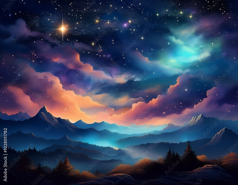 magic night lanscape with starry sky and clouds
