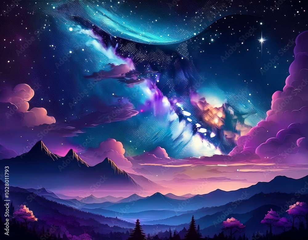 Fototapeta premium magic night lanscape with starry sky and clouds