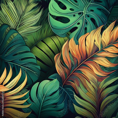 lush tropical plants and graceful palm and monstera leaves background wallpaper colorful pattern generative ai illustration