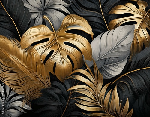 lush tropical plants and graceful palm and monstera leaves background wallpaper pattern gold black and gray colors generative ai illustration