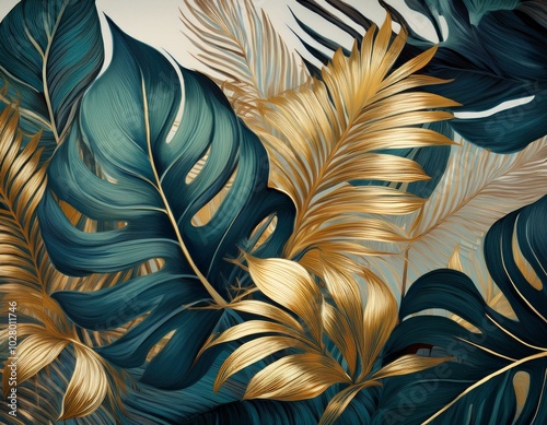 lush tropical plants and graceful palm and monstera leaves background wallpaper pattern gold black teal and gray colors generative ai illustration