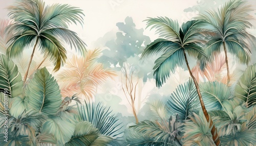 lush tropical plants and graceful palm trees background photo wallpaper pattern soothing palette of delicate pastel hues painted in watercolour generative ai illustration