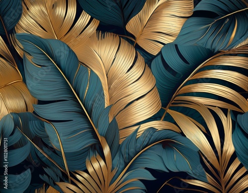 lush tropical plants and graceful palm and monstera leaves background wallpaper pattern gold black teal and gray colors generative ai illustration