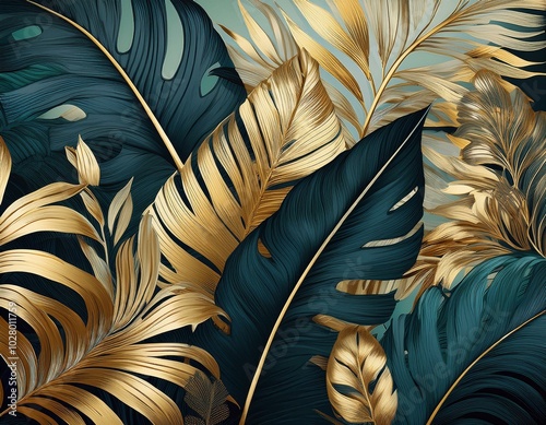 lush tropical plants and graceful palm and monstera leaves background wallpaper pattern gold black teal and gray colors generative ai illustration
