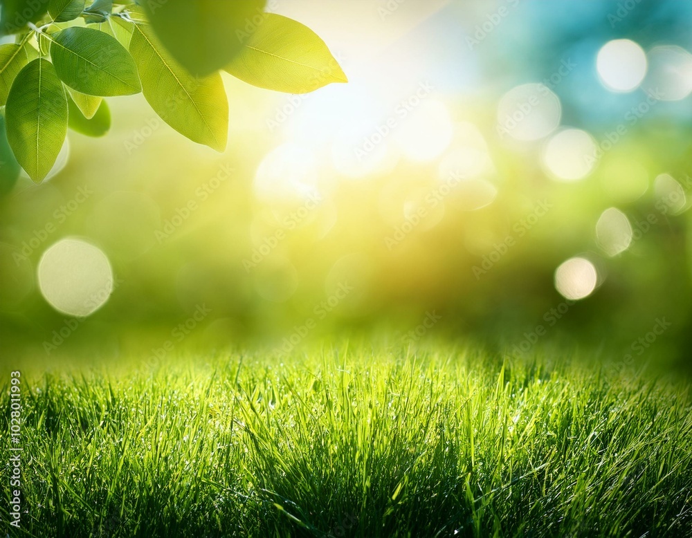 Fototapeta premium natural grass background with blurred bokeh and sun