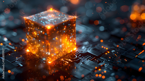An Amber cube radiates heat as it hovers above a motherboard, resembling a fiery flame. The contrasting colors create a mesmerizing display of geological phenomenon in space