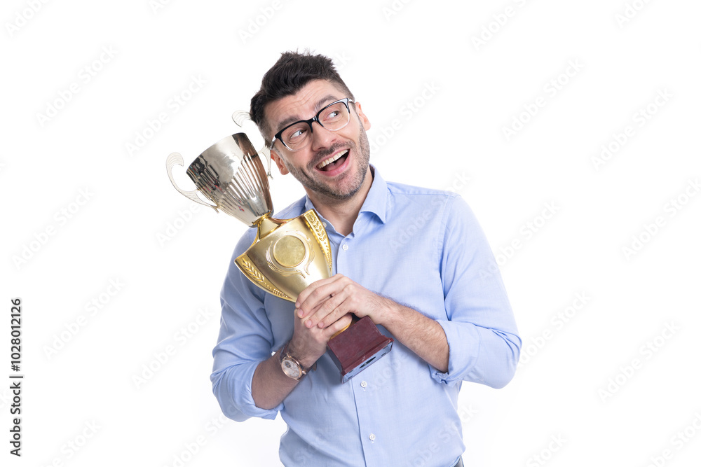 Businessman celebrate victory on business negotiation isolated on white. Strategic alliances. Successful businessman man holding champion cup. Business champion success. Business success Businessman celebrate victory on business negotiation isolated on white. Strategic alliances. Successful businessman man holding champion cup. Business champion success. Business success