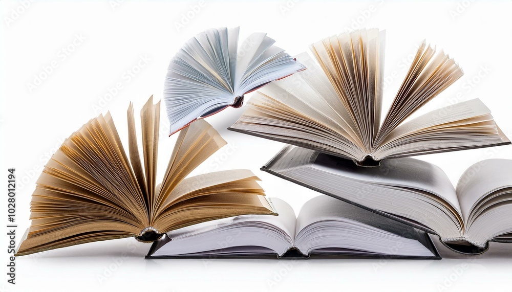Fototapeta premium open paper books in the air isolated on a white background
