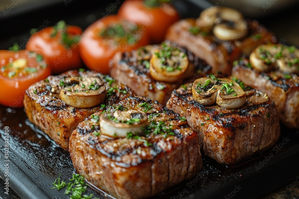 Close-up of baked meat with mushrooms, vegetables and spices Close-up of baked meat with mushrooms, vegetables and spices