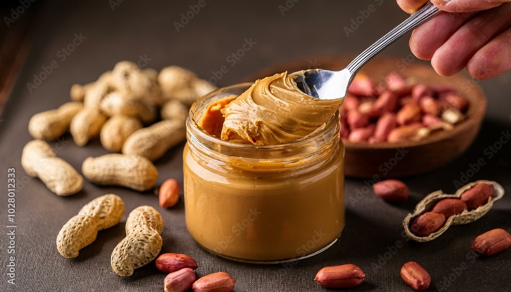peanut butter in a glass jar creamy smooth peanut butter mixing with a spoon making sandwich organic food american cuisine slow motion peanut butter in a glass jar creamy smooth peanut butter mixing with a spoon making sandwich organic food american cuisine slow motion