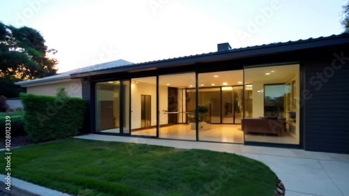Create an Inviting Video Trailer Showcasing the Entrance of a Modern House with Large Glass Sliding Doors and Warm Cinematic Style