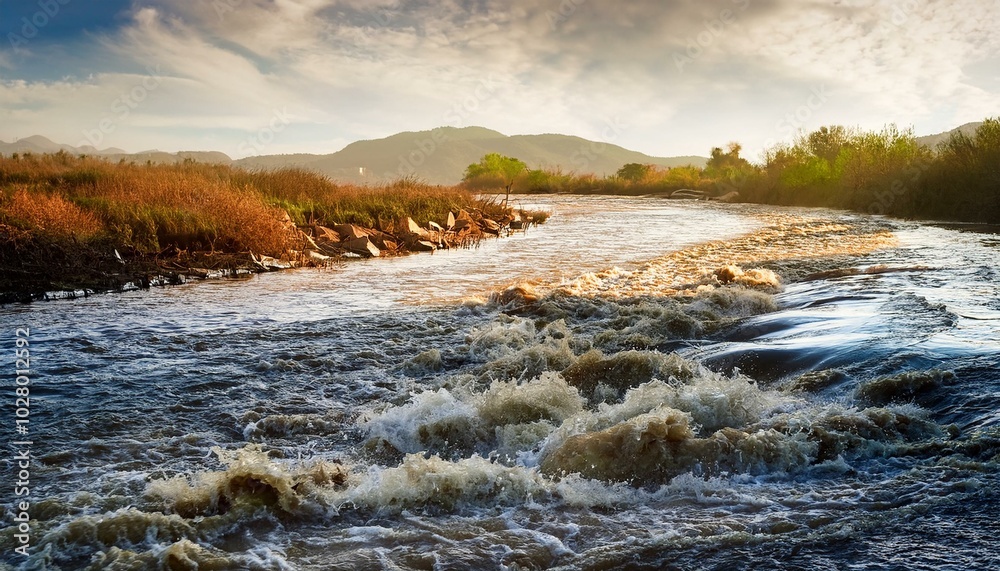 rapid stream of water flows into a dirty river waste disposal pollution of nature real video