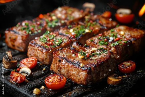 Close-up of baked meat with mushrooms, vegetables and spices