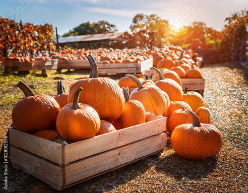 pumpkins festival on farm autumn harvest on local market for halloween beautiful sunny fall season homegrown organic eco friendly food vegetables from rural family garden in wooden boxes photo