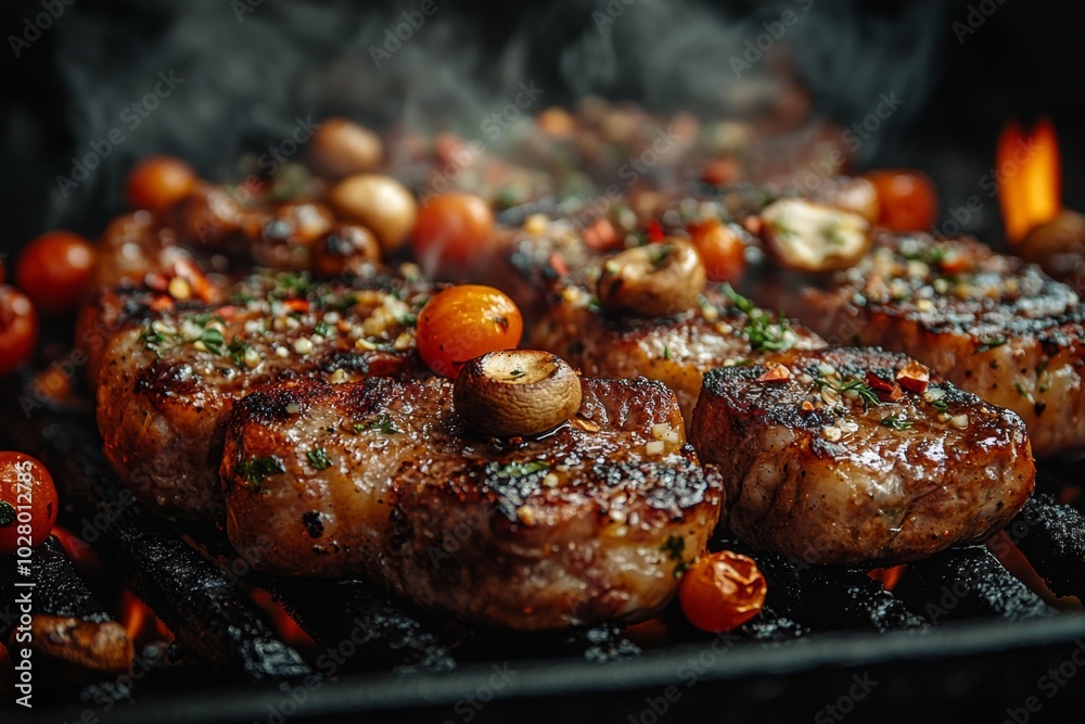 Close-up of baked meat with mushrooms, vegetables and spices Close-up of baked meat with mushrooms, vegetables and spices