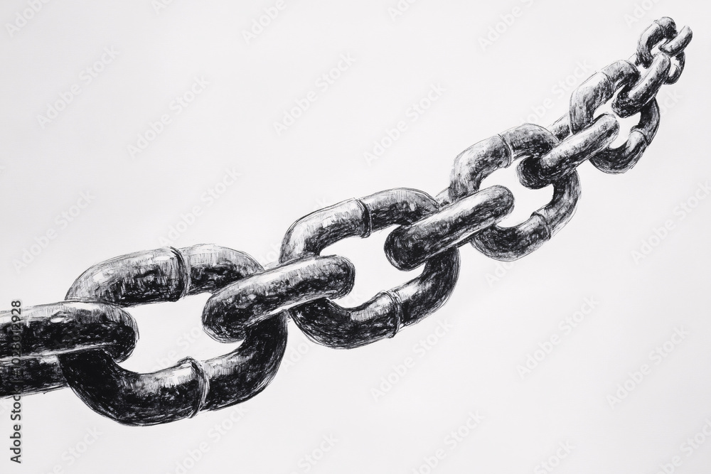 Fototapeta premium Close-up of a thick chain with visible texture and wear, diagonally positioned against a light background 