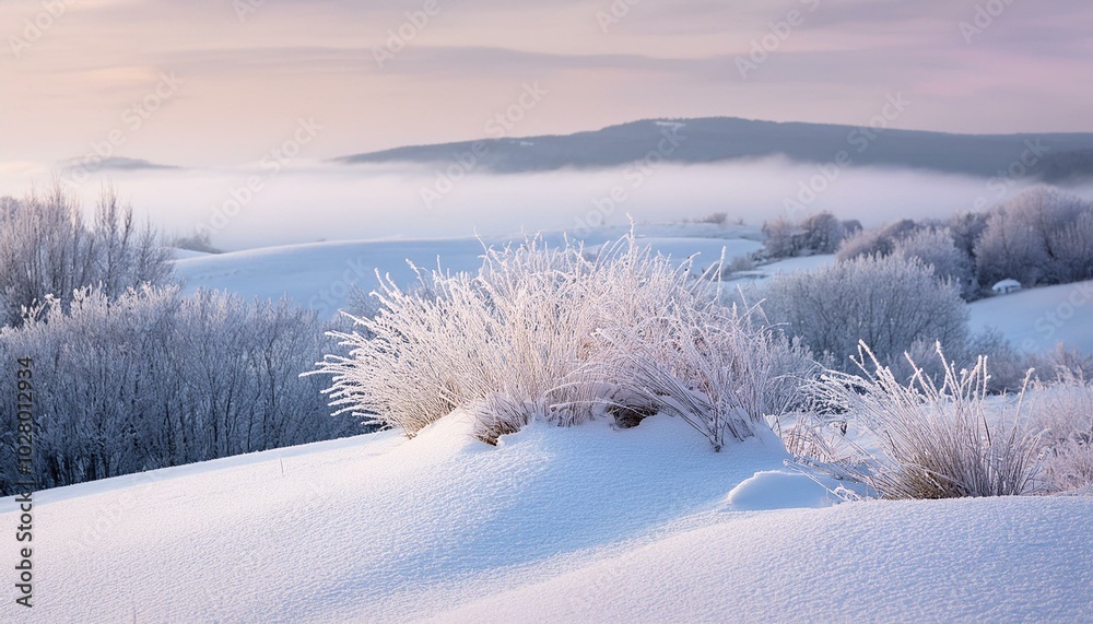 serene winter landscape with snow covered hills and frosty plants in soft pastels winter solstice and season cycle concept serene winter landscape with snow covered hills and frosty plants in soft pastels winter solstice and season cycle concept