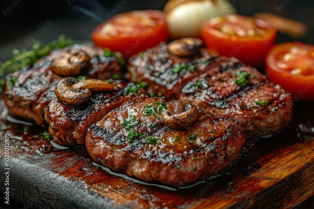 Close-up of baked meat with mushrooms, vegetables and spices Close-up of baked meat with mushrooms, vegetables and spices