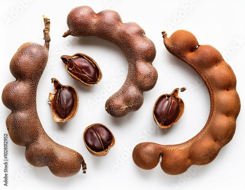 set of tamarind tropical fruits isolated on white background fresh ripe tamarind pods tamarindus indica indian date healthy vegan food top view flat lay photo