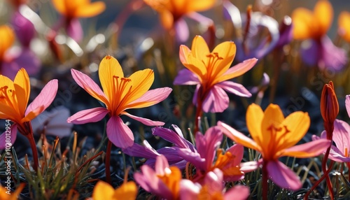 A detailed close-up of saffron flowers thriving in a field during autumn, highlighting their unique features and the warmth of the season, Generative AI