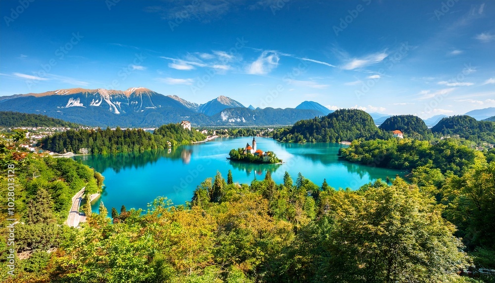 splendid sunny day view of popular tourist destination bled lake splendid sunny day view of popular tourist destination bled lake