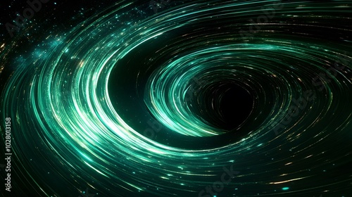 Abstract background with green light trails attracted by a black hole on a black background.
 photo