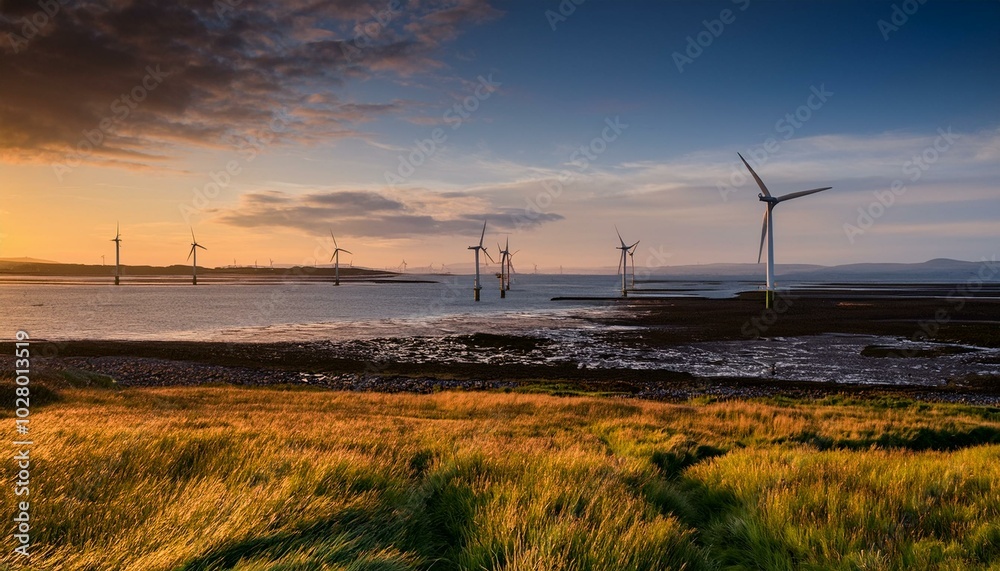 Obraz premium sunset view from walney island across the irish dea towards the distant walney offshore wind farm cumbrian coast cumbria england