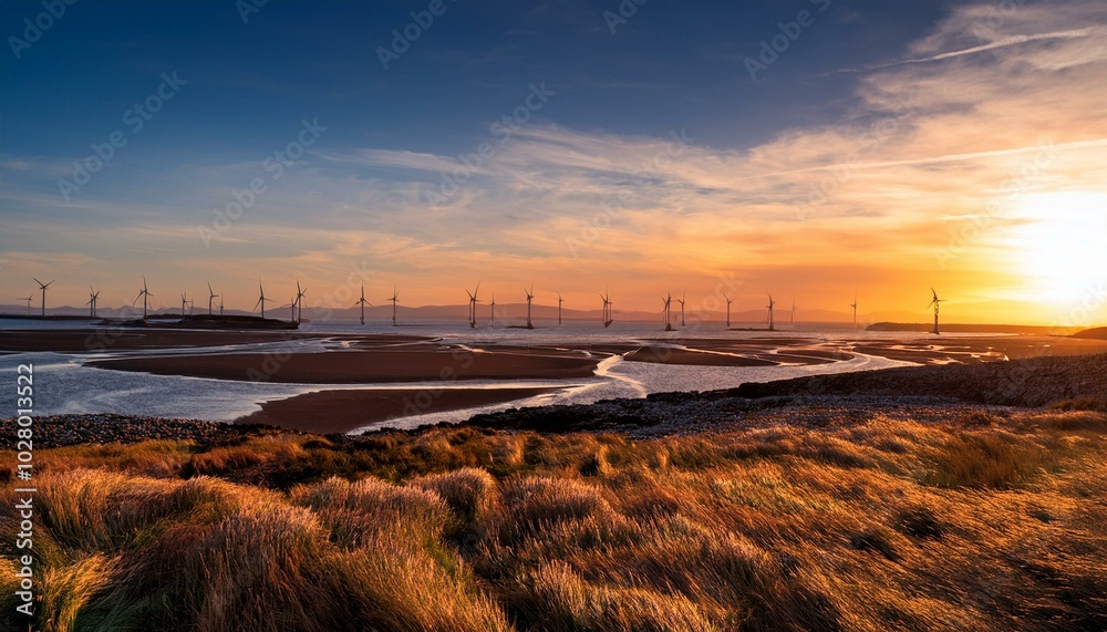 sunset view from walney island across the irish dea towards the distant walney offshore wind farm cumbrian coast cumbria england sunset view from walney island across the irish dea towards the distant walney offshore wind farm cumbrian coast cumbria england
