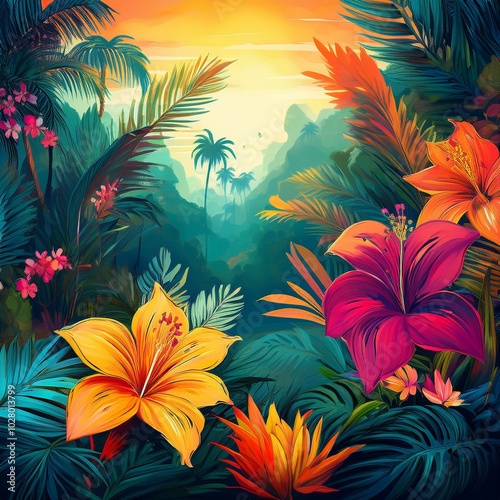 tropical forest illustration with vibrant flowers creates a colorful paradise background