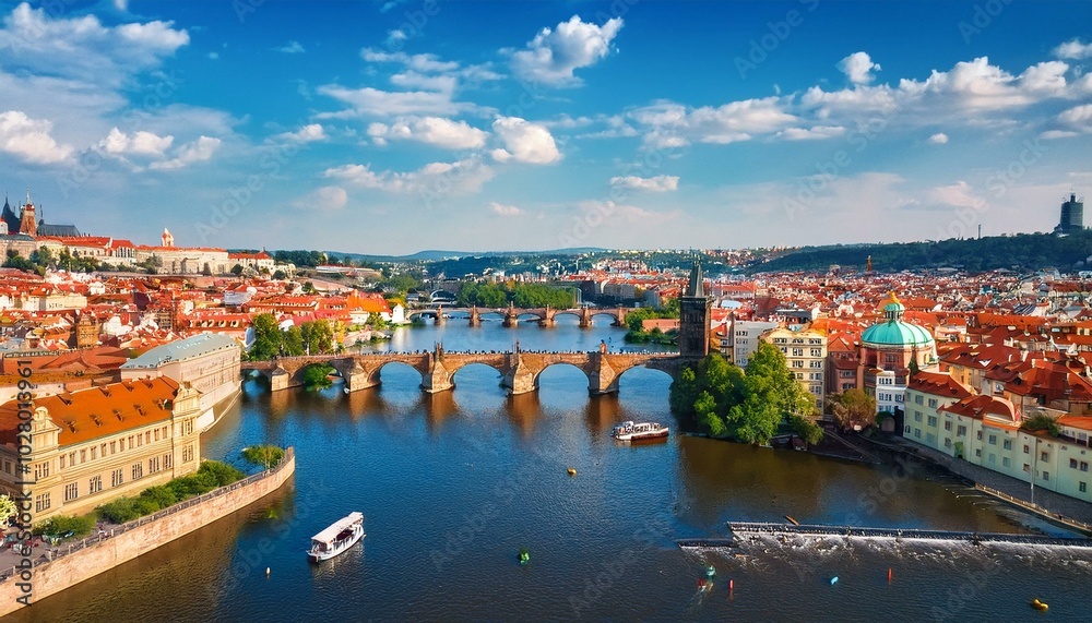 Obraz premium video footage of aerial view charles bridge vltava river in prague czech republic city panorama panoramic view prague old town drone flight over the prague city top view vltava river