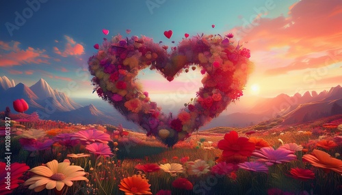 valentine s day scene featuring a heart shaped arrangement made of flowers in a fantasy flower field symbol of love and tenderness ai generated