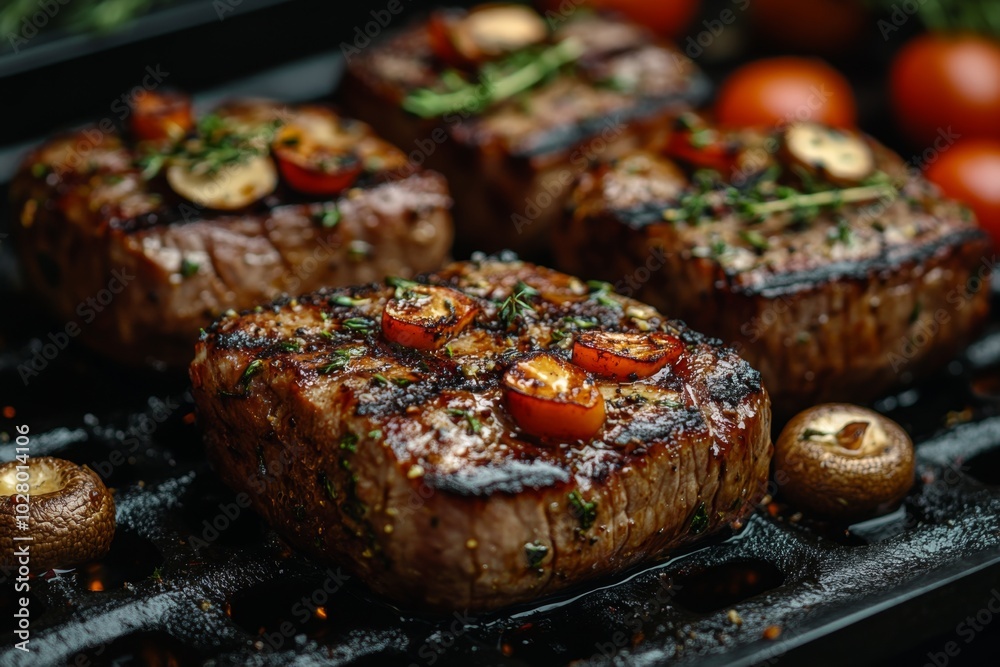 Close-up of baked meat with mushrooms, vegetables and spices