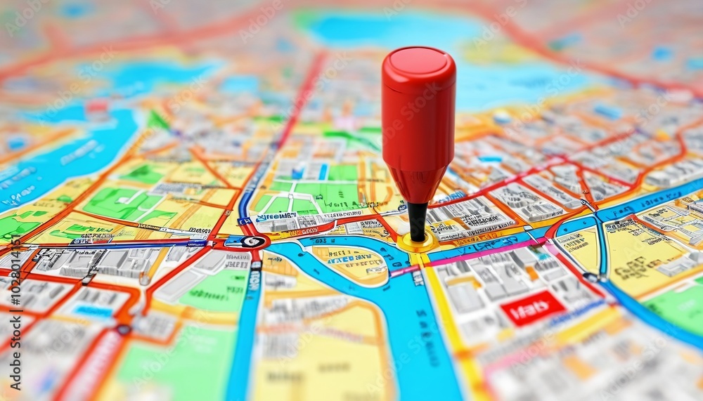 Naklejka premium A glossy red pinpoint marker stands out on a digital street map, highlighting a specific location with vibrant clarity and precision, Generative AI