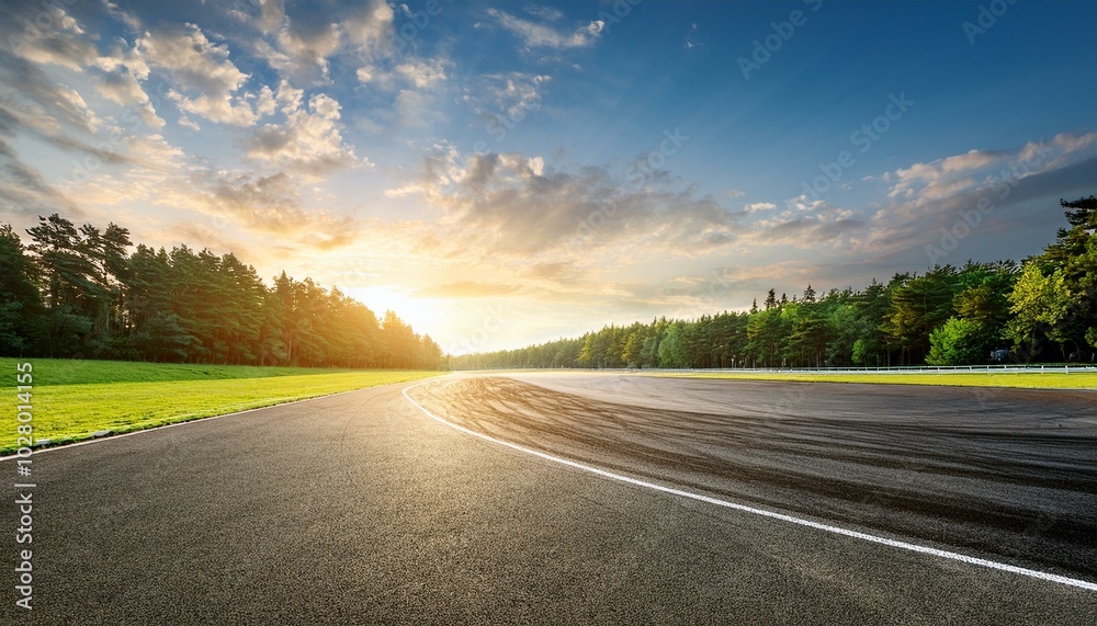 Naklejka premium wide race track and green woods nature landscape at sunset